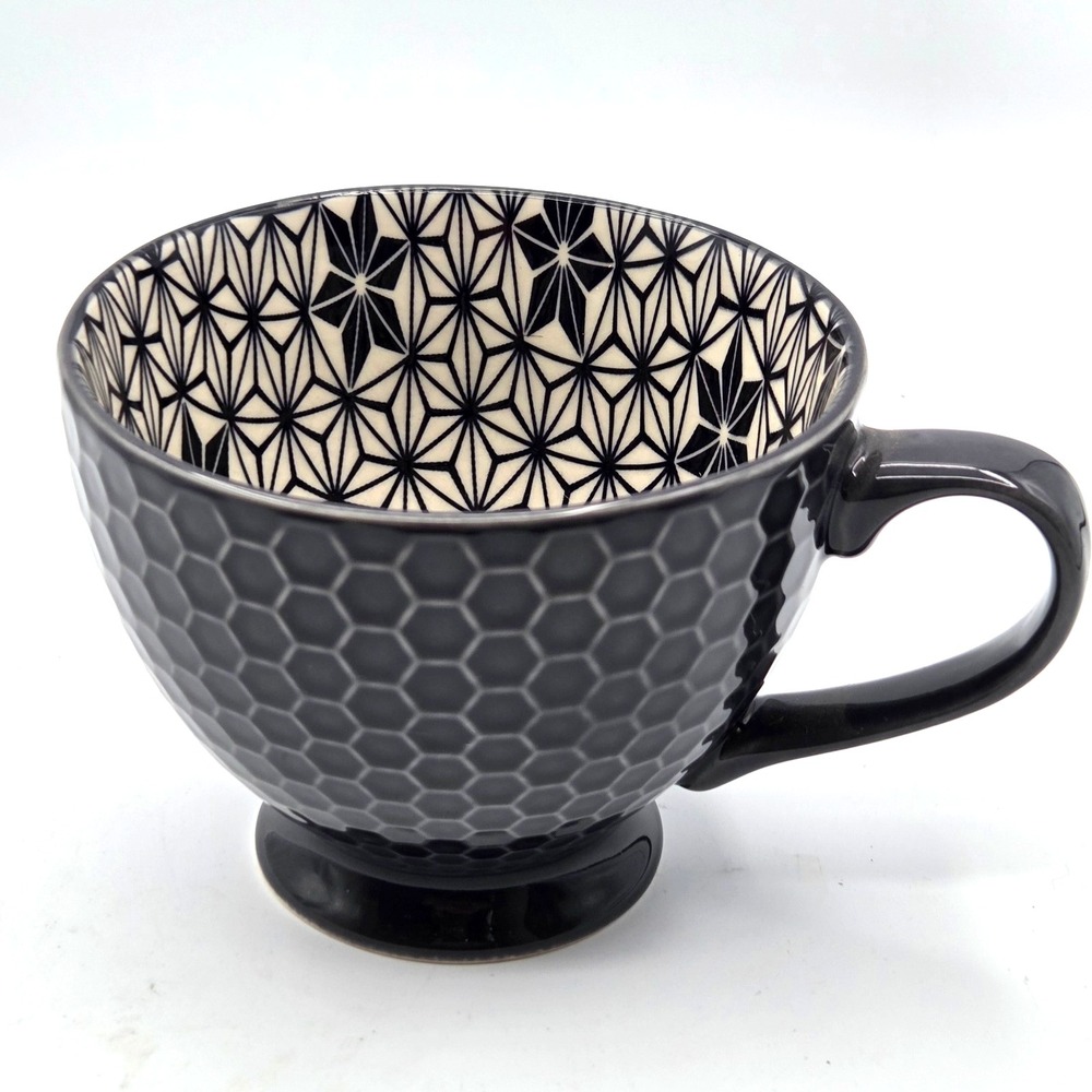 Signature Housewares Footed Coffee Tea Mug 14 Oz Black with Black/White